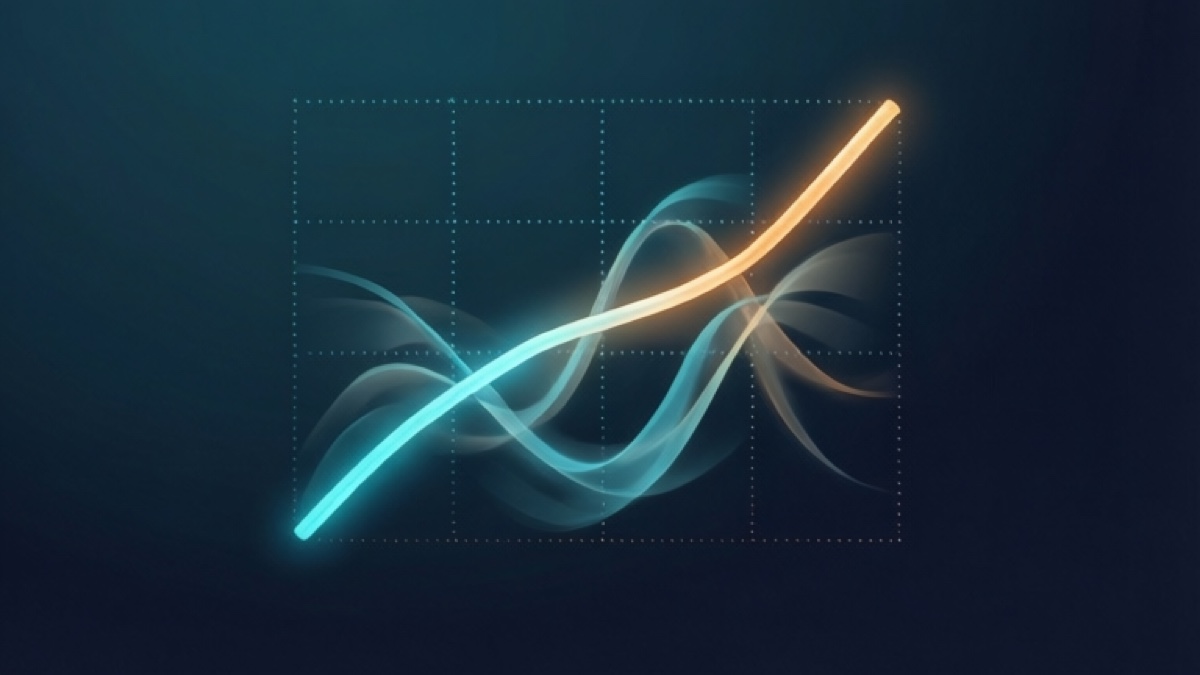Editorial illustration of a smooth exponential growth curve with faint volatility shadow ribbons, in cyan and amber on a dark gradient.