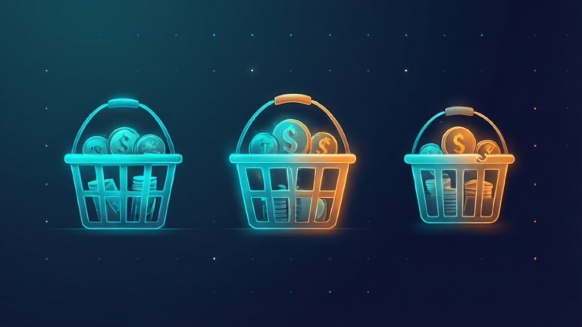 Editorial illustration of three stylized investment baskets in a row with subtly different shapes, in cyan and amber on a dark gradient.