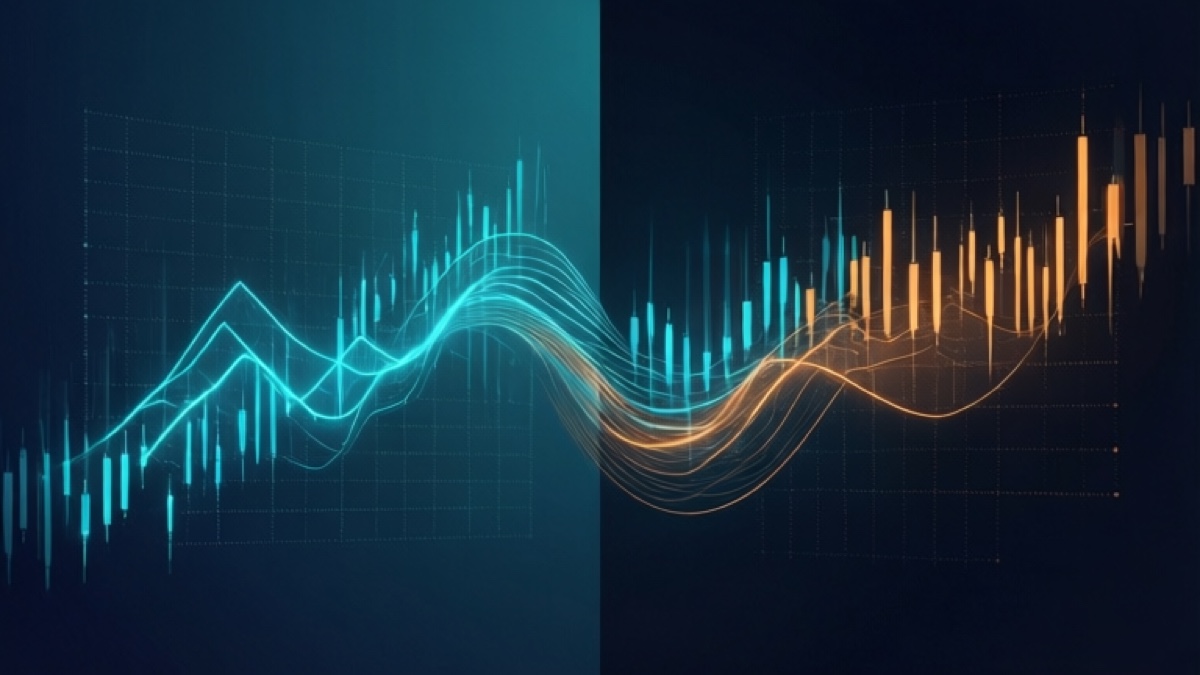 Split editorial illustration: cyan line chart on the left, amber candlestick chart on the right, representing two stock data APIs side by side.