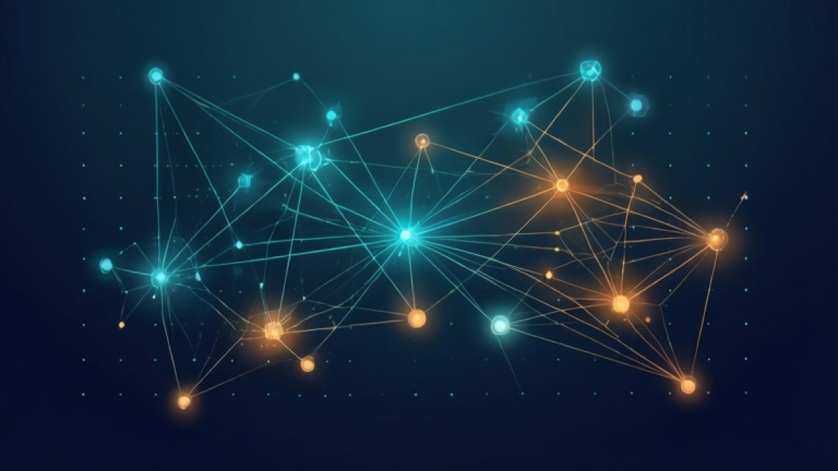Editorial illustration of scattered glowing nodes connected by faint web-like lines forming a portfolio network, in cyan and amber on a dark gradient.