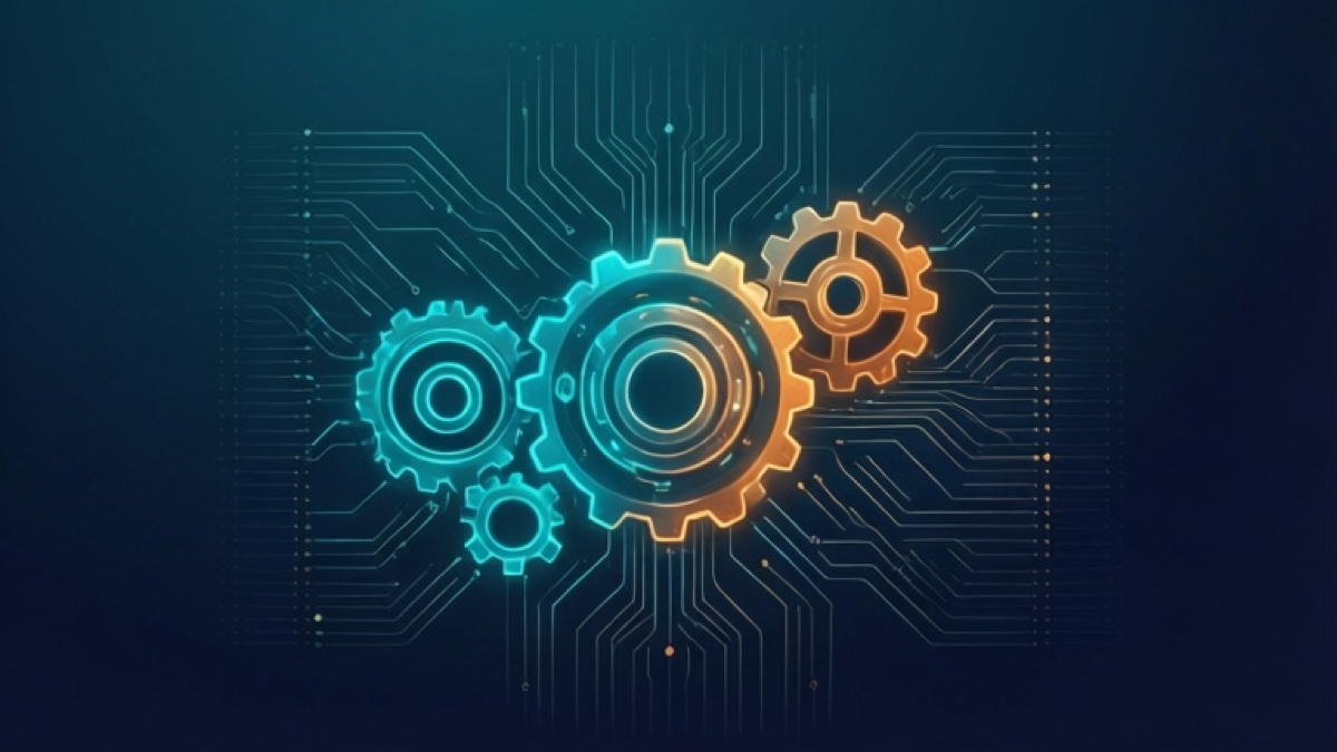 Editorial illustration of interconnected glowing gears and predetermined paths on a circuit-board lattice, in cyan and amber on a dark gradient.