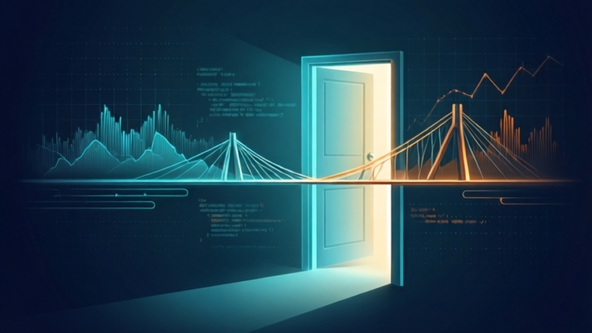 Editorial illustration of a glowing doorway between a developer terminal and a financial chart landscape, in cyan and amber on a dark gradient.